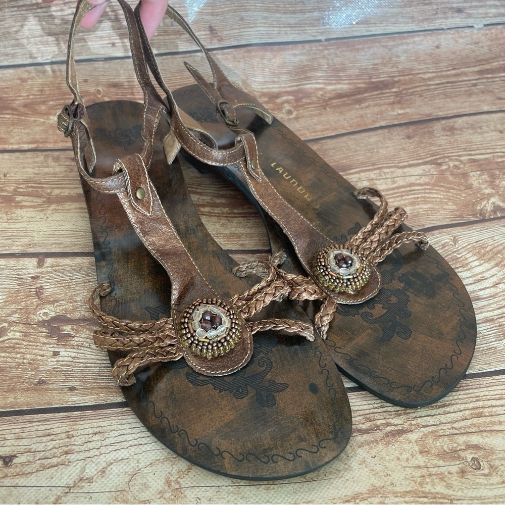 CHINESE LAUNDRY Sandals Embellished Bronze Brown T-STRAP w/Beads size 8.5